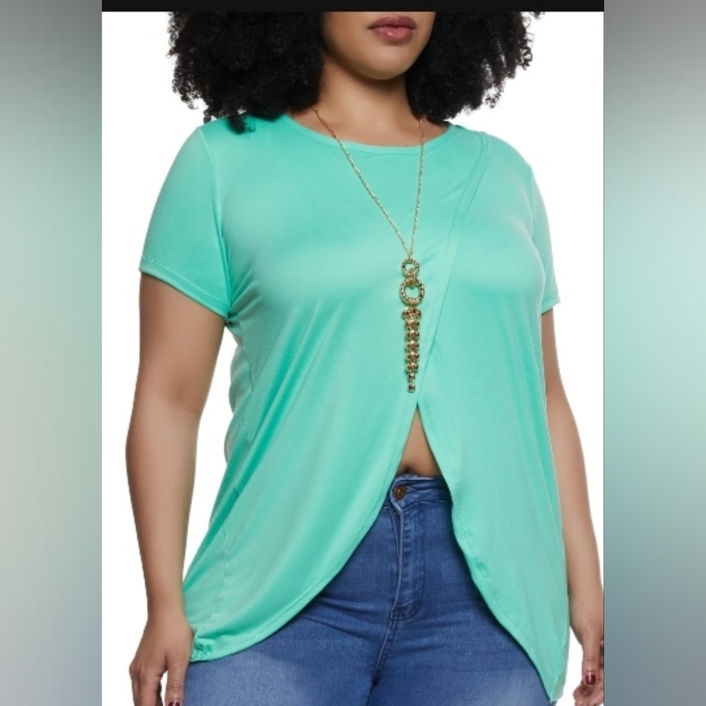 Rainbow Plus Size Slit Hem Front Top, Green-1X